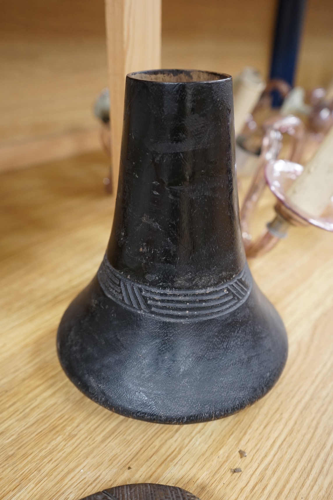 South Sea Islands and African tribal carved pot, knife sheath, stick and carved paddle-53cm long